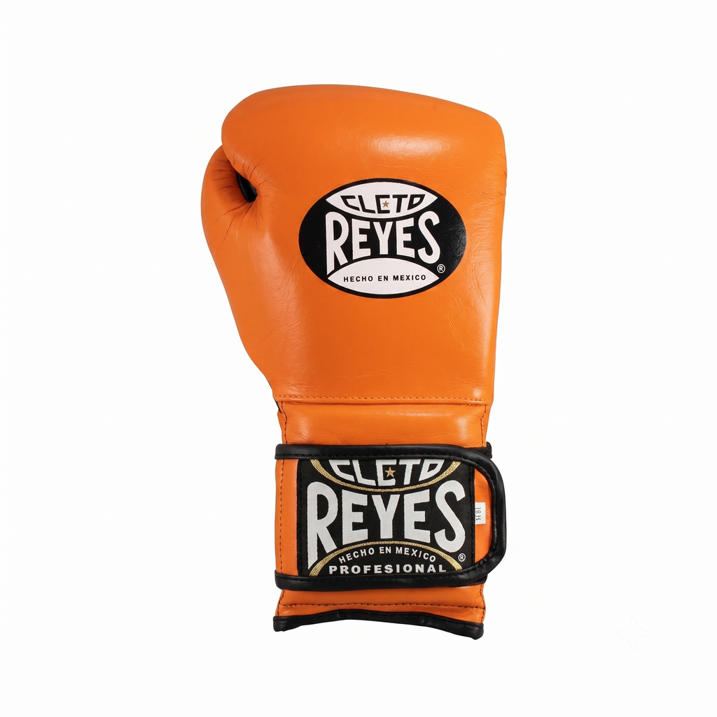 Single Cleto Reyes orange boxing glove with black trim and logo patch, viewed from the front