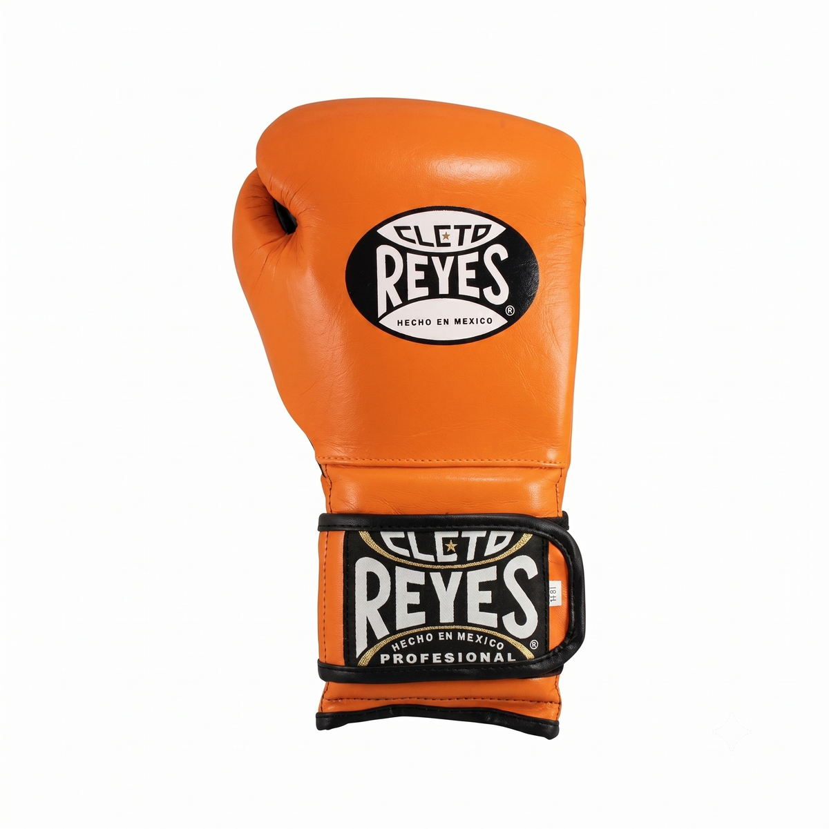 Single Cleto Reyes orange boxing glove with black trim and logo patch, viewed from the front