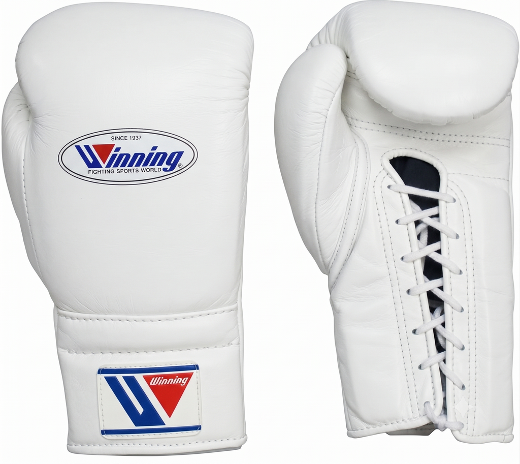 Winning MS-600 lace-up boxing glove in full white leather with the red, white and blue W logo