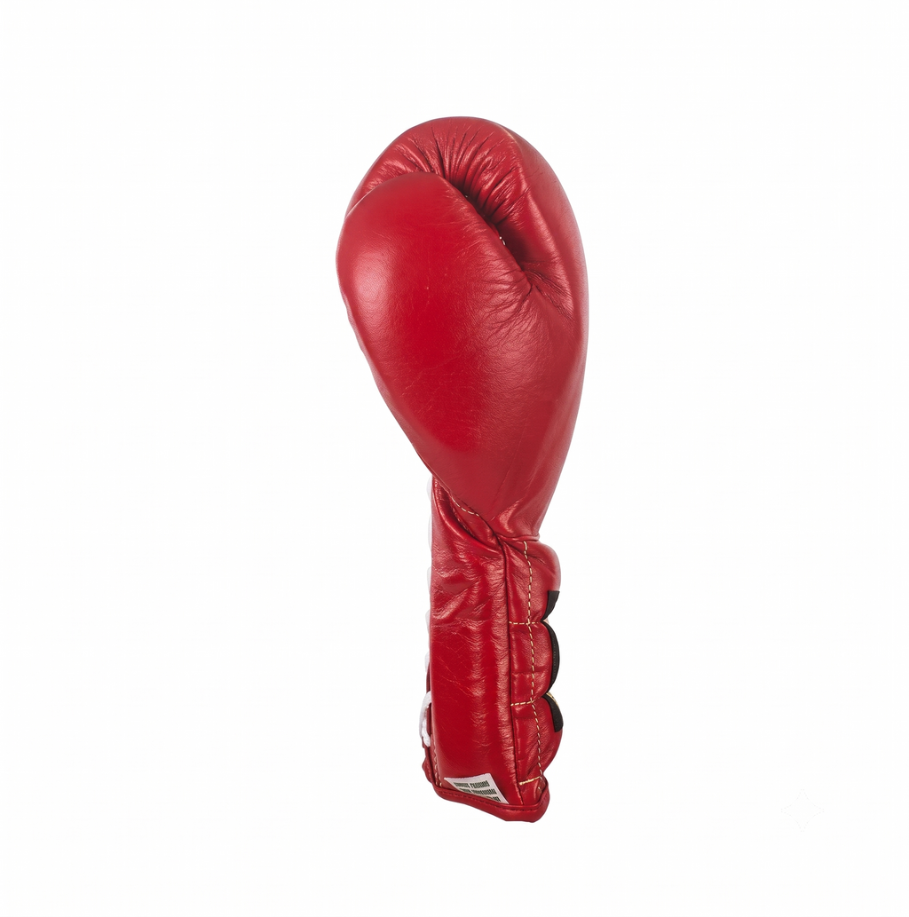 Cleto Reyes solid red lace-up boxing glove standing upright on a plain background