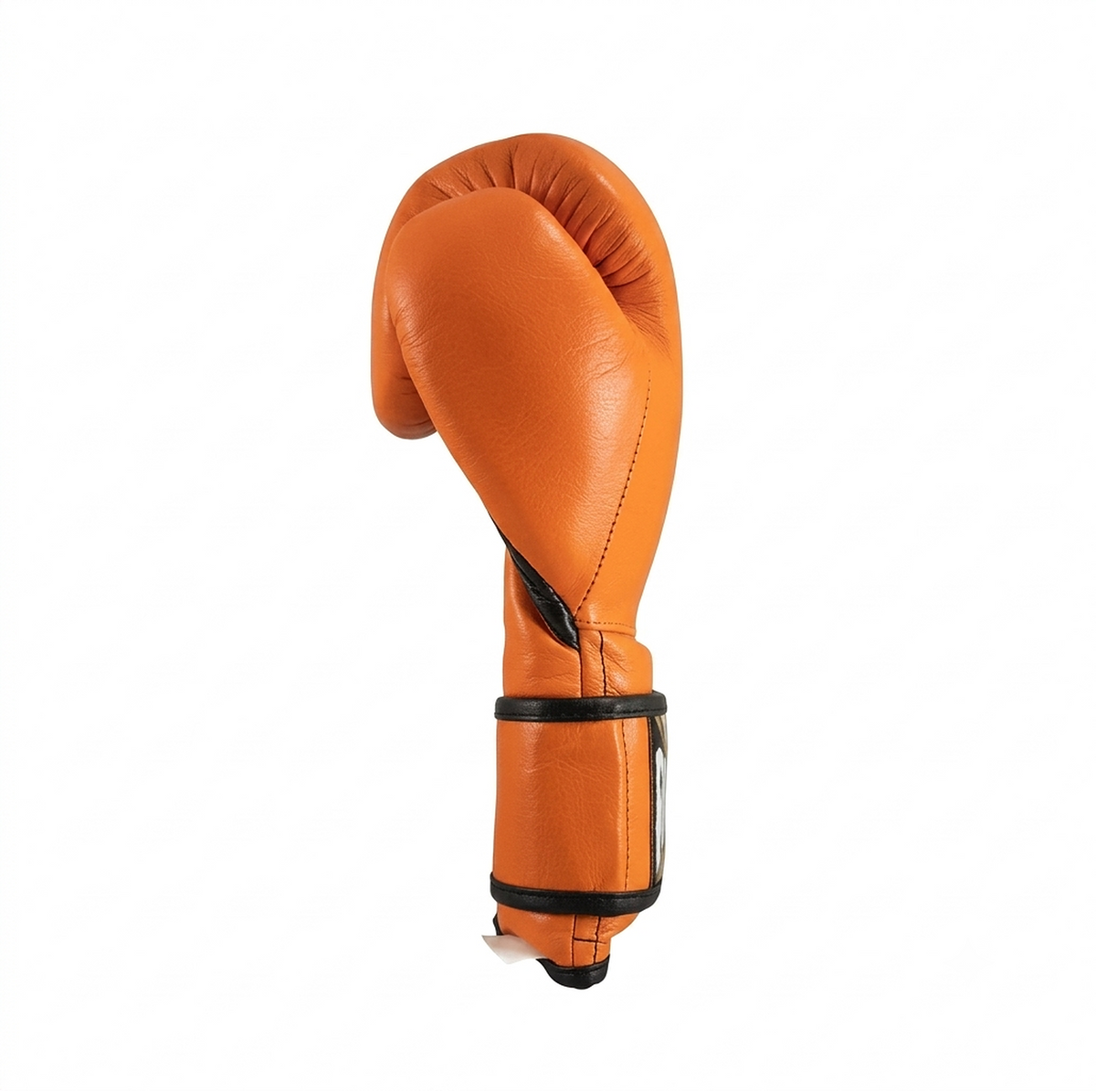Cleto Reyes orange leather boxing glove shown in profile with black trim along the cuff