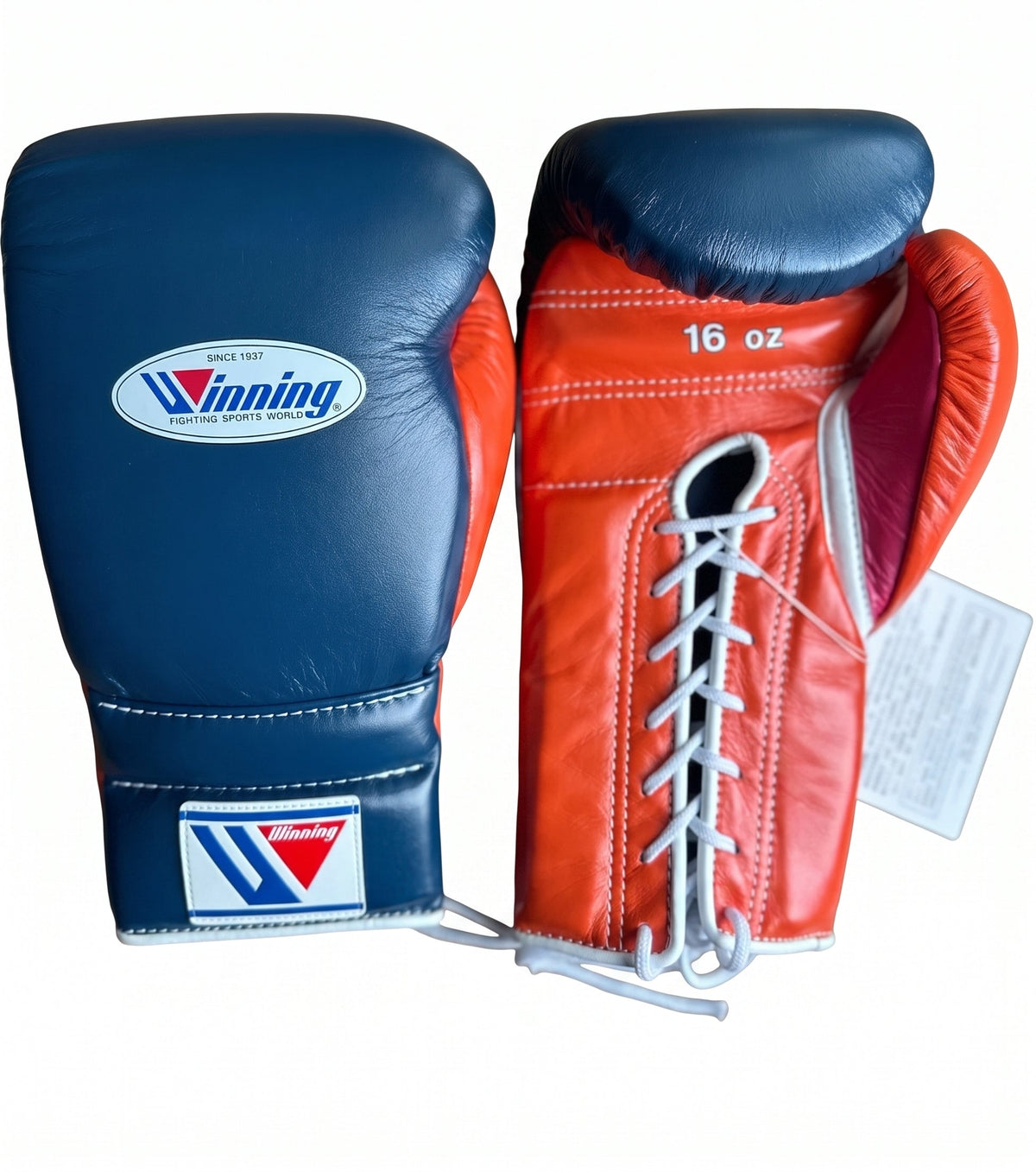 Winning navy blue boxing gloves with red palm, lace-up closure and W logo on the cuff