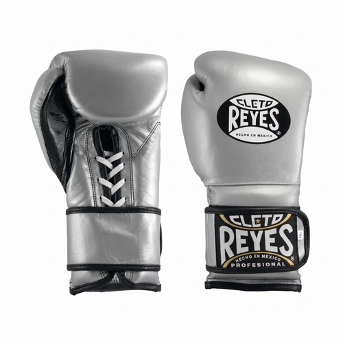 Pair of Cleto Reyes metallic silver boxing gloves with black trim and black straps, front and side