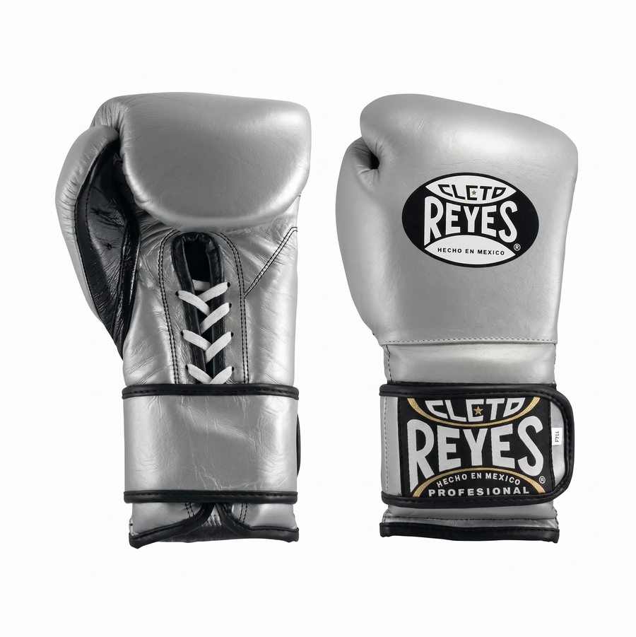 Pair of Cleto Reyes metallic silver boxing gloves with black trim and black straps, front and side