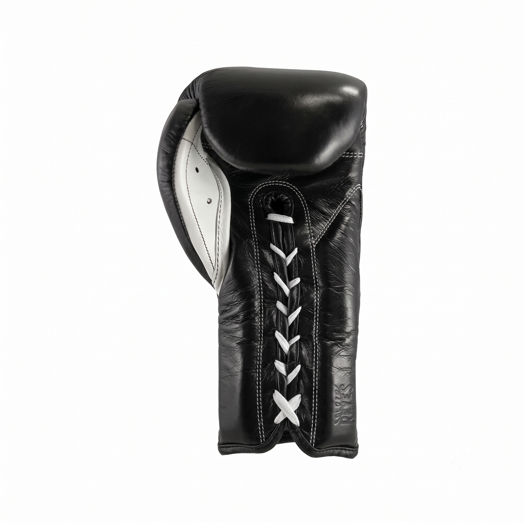 Single Cleto Reyes black lace-up boxing glove with white laces shown in side profile
