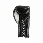 Single Cleto Reyes black lace-up boxing glove with white laces shown in side profile