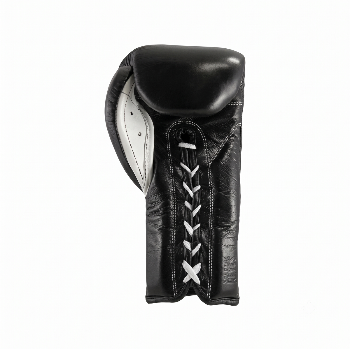 Single Cleto Reyes black lace-up boxing glove with white laces shown in side profile