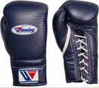 Winning MS-600 lace-up boxing glove in full navy blue leather with a visible textured surface finish