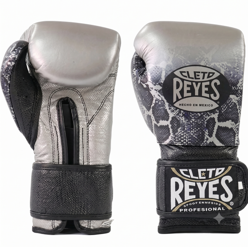 Cleto Reyes Limited Edition Python boxing gloves, silver with black snakeskin print and black hook-and-loop strap