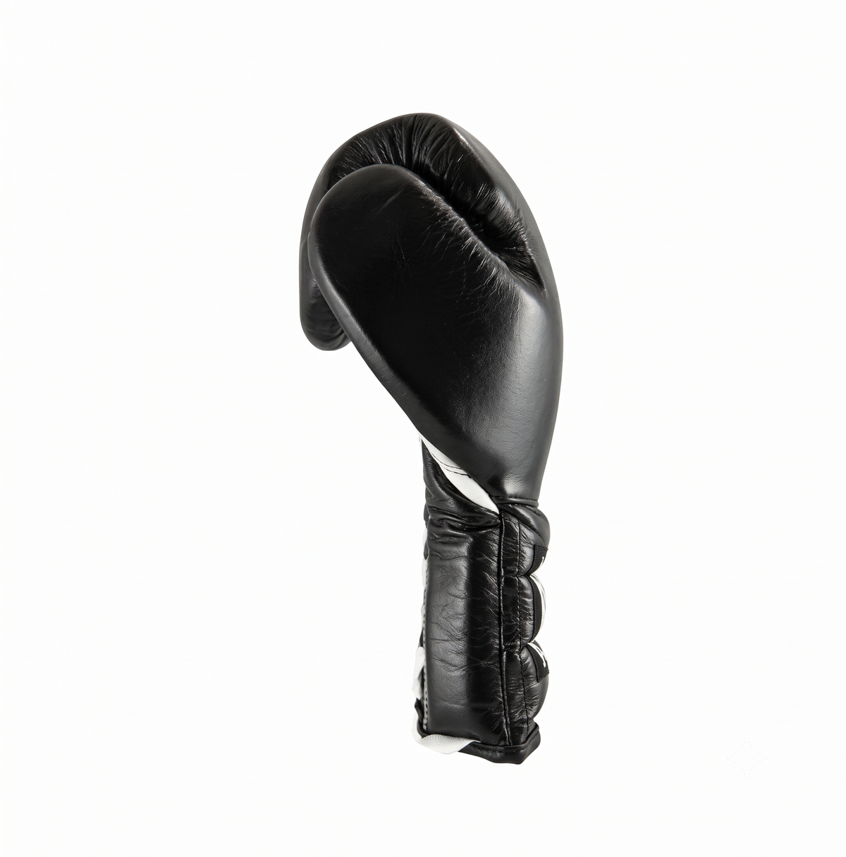 Cleto Reyes black leather boxing glove from the side with white palm lining visible
