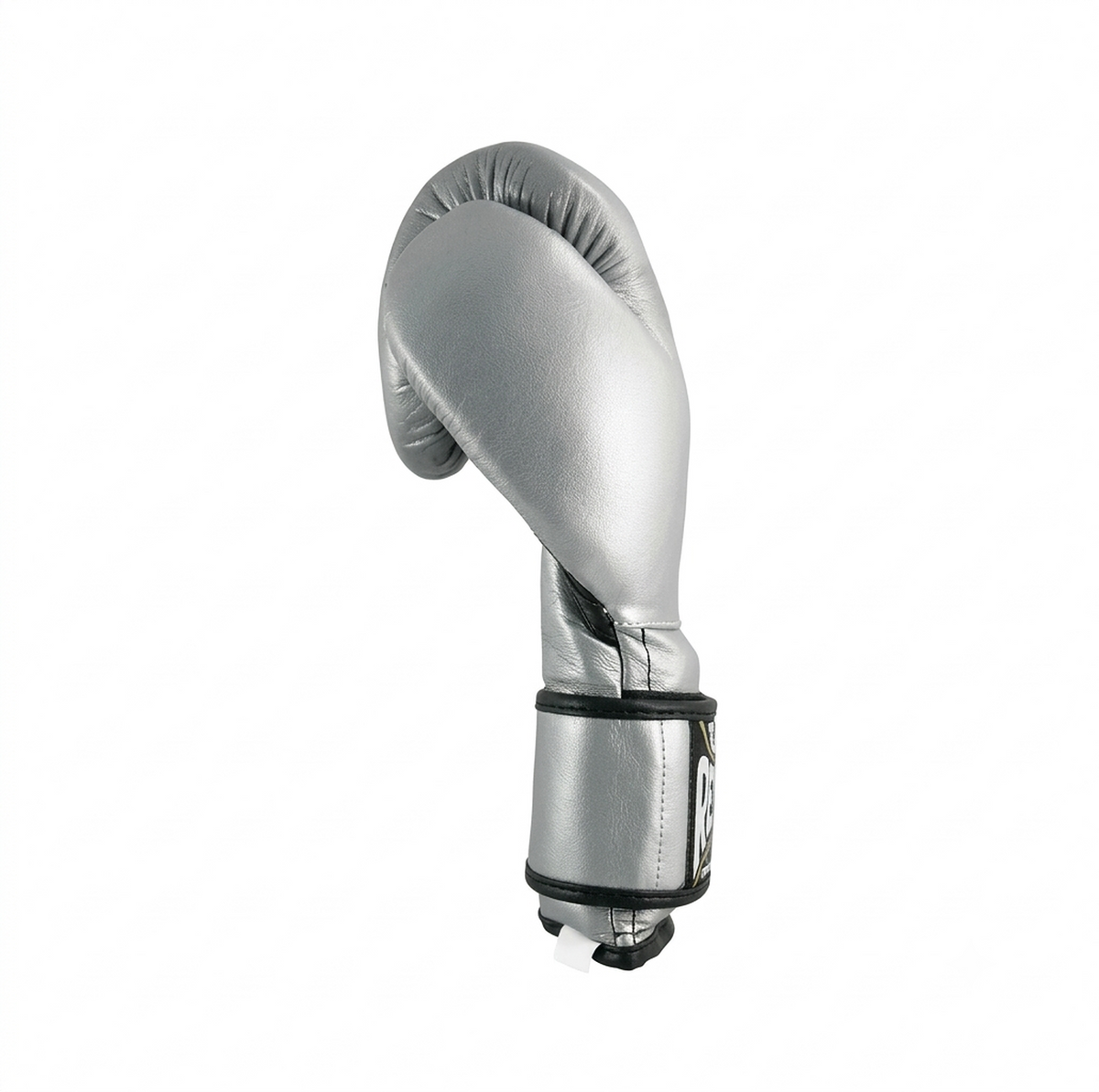 Cleto Reyes metallic silver leather boxing glove shown in profile with its black wrist strap