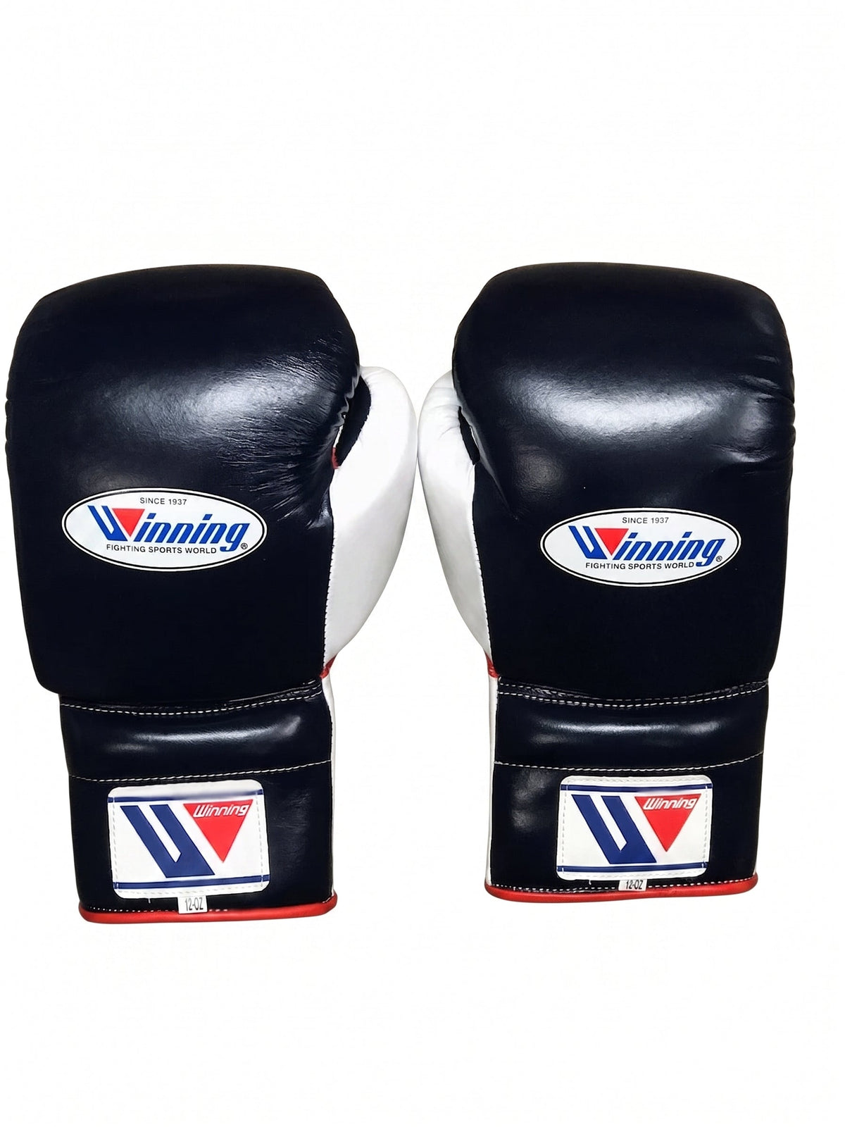 Winning deep navy-black boxing gloves with thin red piping around the cuff, lace-up closure