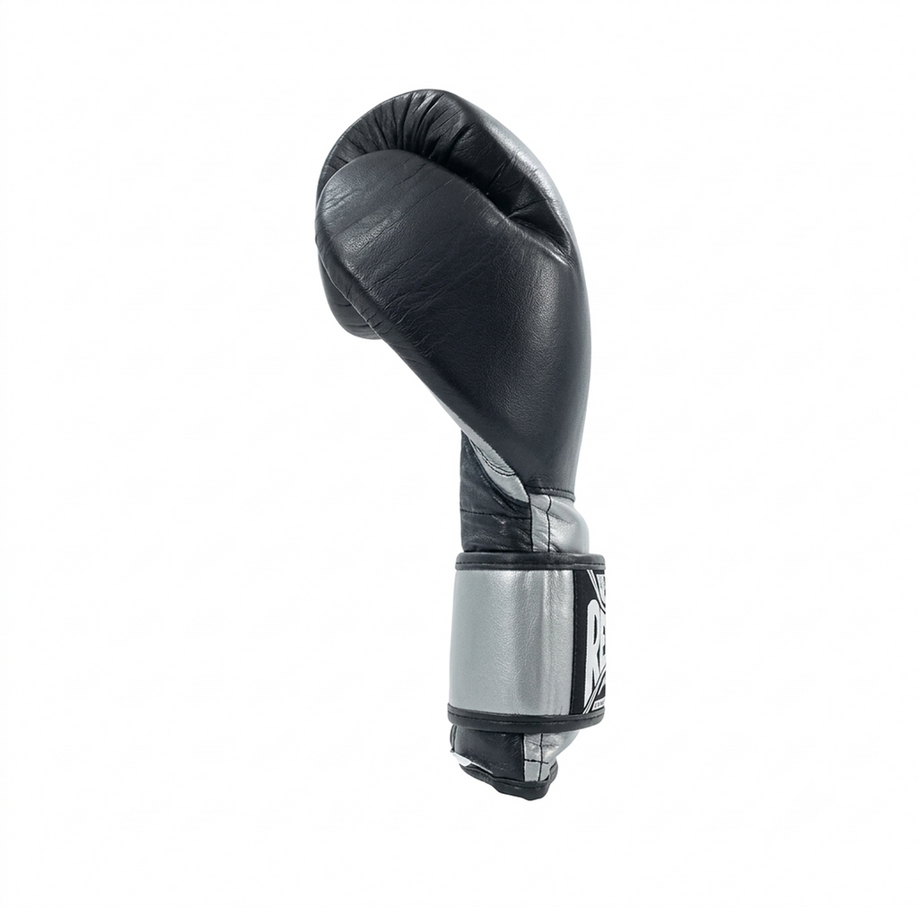 Cleto Reyes black leather boxing glove shown in profile with its silver strap