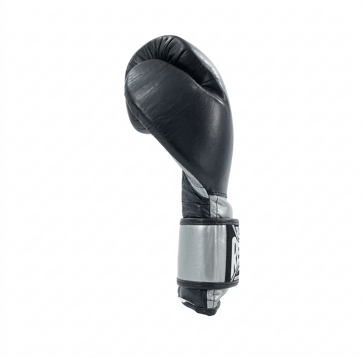Cleto Reyes black leather boxing glove shown in profile with its silver strap
