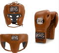 Cleto Reyes warm tan-brown boxing set with lace-up gloves, cheek-protector headgear and groin guard