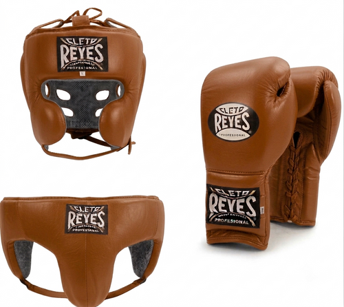 Cleto Reyes warm tan-brown boxing set with lace-up gloves, cheek-protector headgear and groin guard