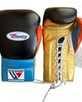 Winning black boxing gloves with metallic gold palm, sky blue cuff and orange inner thumb