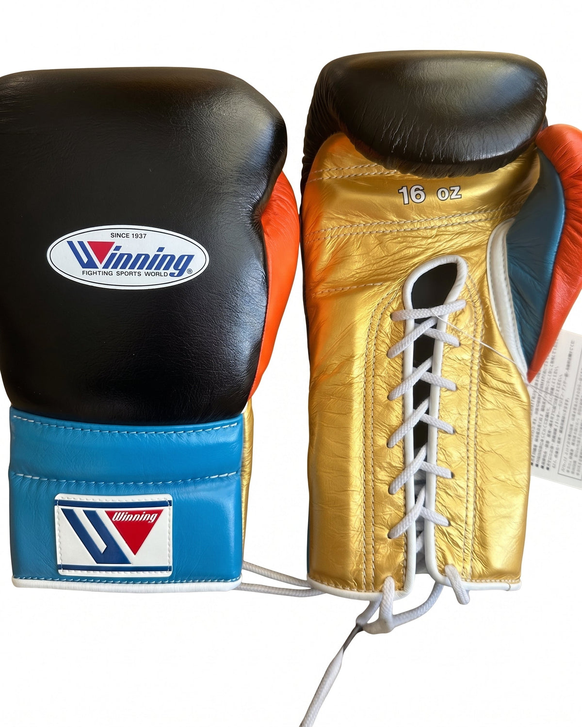 Winning black boxing gloves with metallic gold palm, sky blue cuff and orange inner thumb