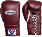 Winning MS-300 solid burgundy boxing gloves with white laces and red, white and blue W logo
