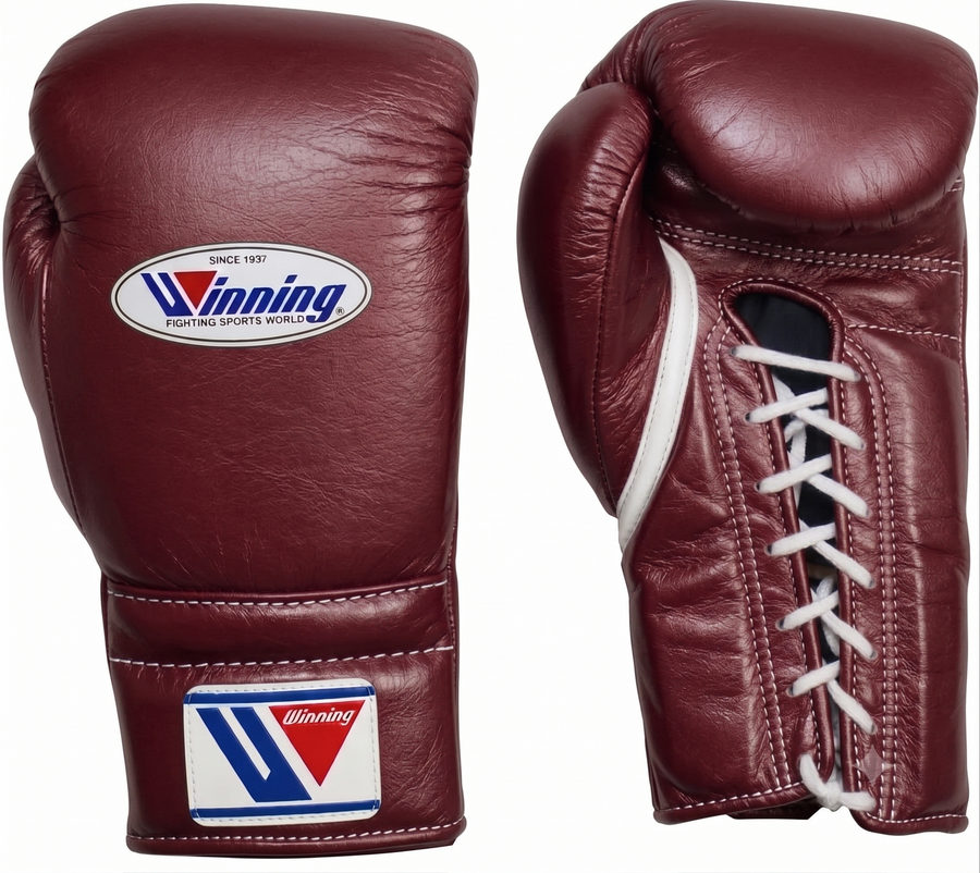 Winning MS-300 solid burgundy boxing gloves with white laces and red, white and blue W logo