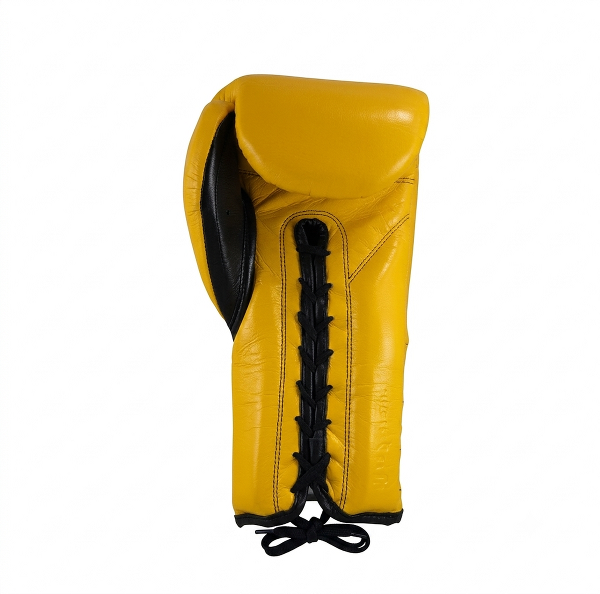 Back view of a Cleto Reyes yellow boxing glove with black laces and black palm lining