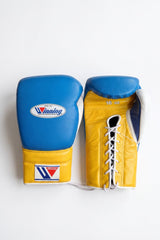 Winning Sky Blue Gloves with Yellow Palm, 6 oz to 18 oz