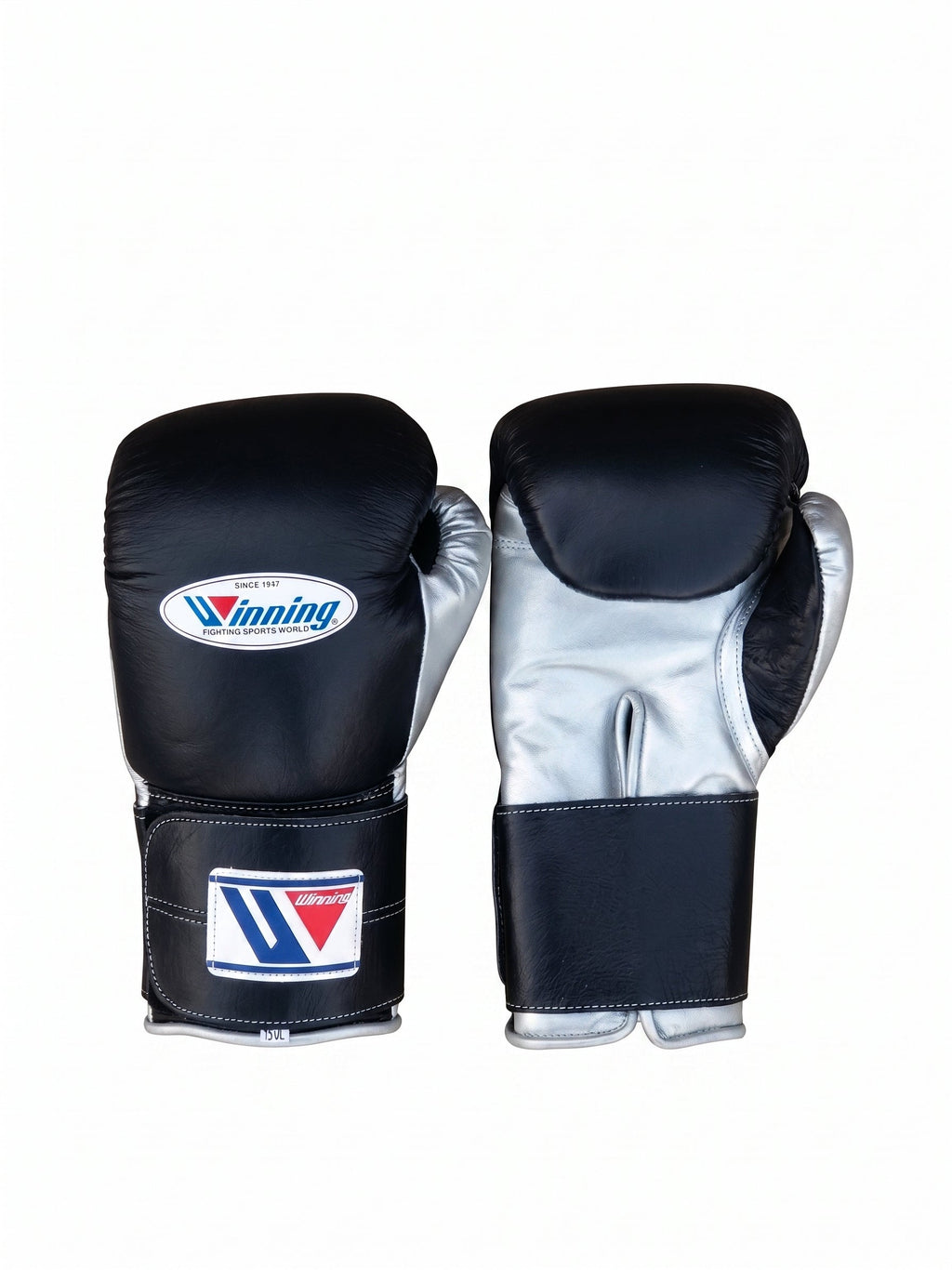 Winning MS-600 Velcro boxing glove with black back, silver palm and black hook-and-loop wrist strap