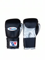 Winning MS-600 Velcro boxing glove with black back, silver palm and black hook-and-loop wrist strap