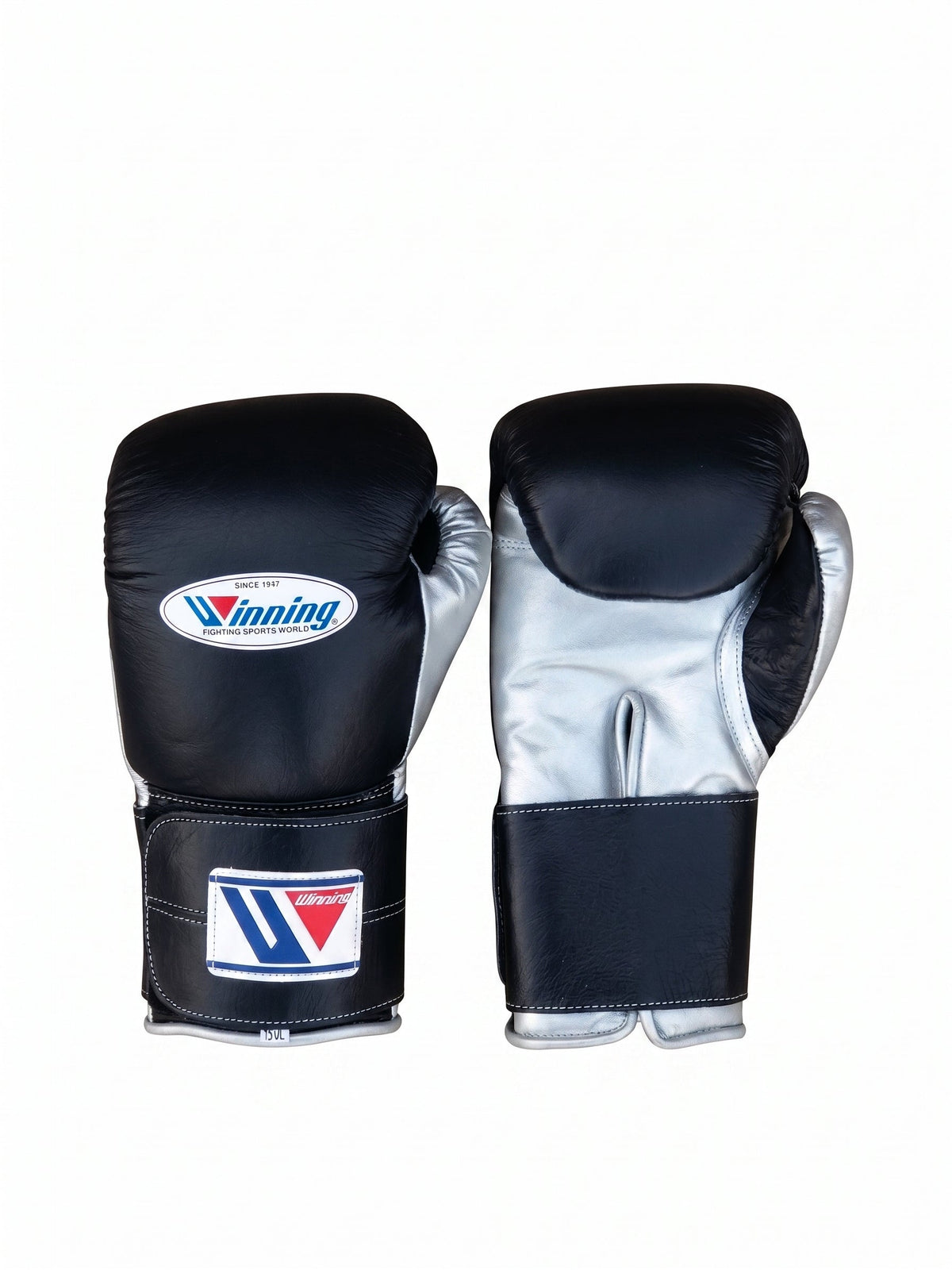 Winning MS-600 Velcro boxing glove with black back, silver palm and black hook-and-loop wrist strap