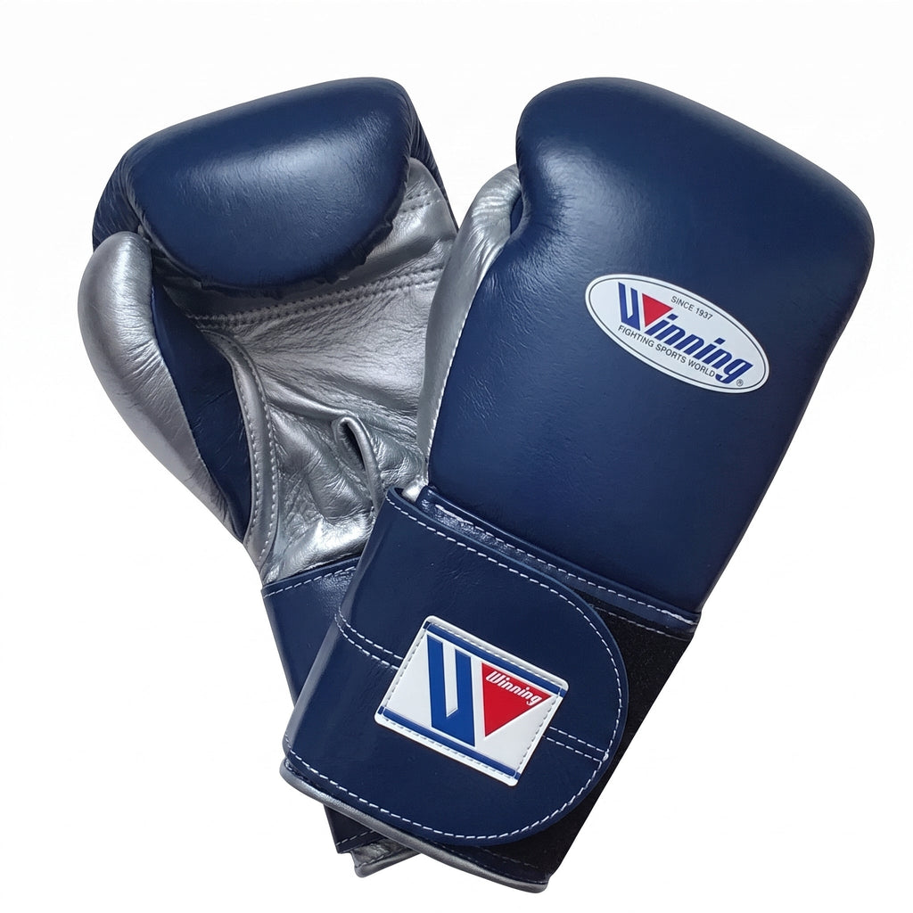 Winning MS-600 Velcro boxing glove with black back, silver palm and black hook-and-loop wrist strap - side view