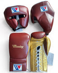 Winning burgundy boxing set with gold palm lace-up gloves, burgundy headgear and burgundy groin guard