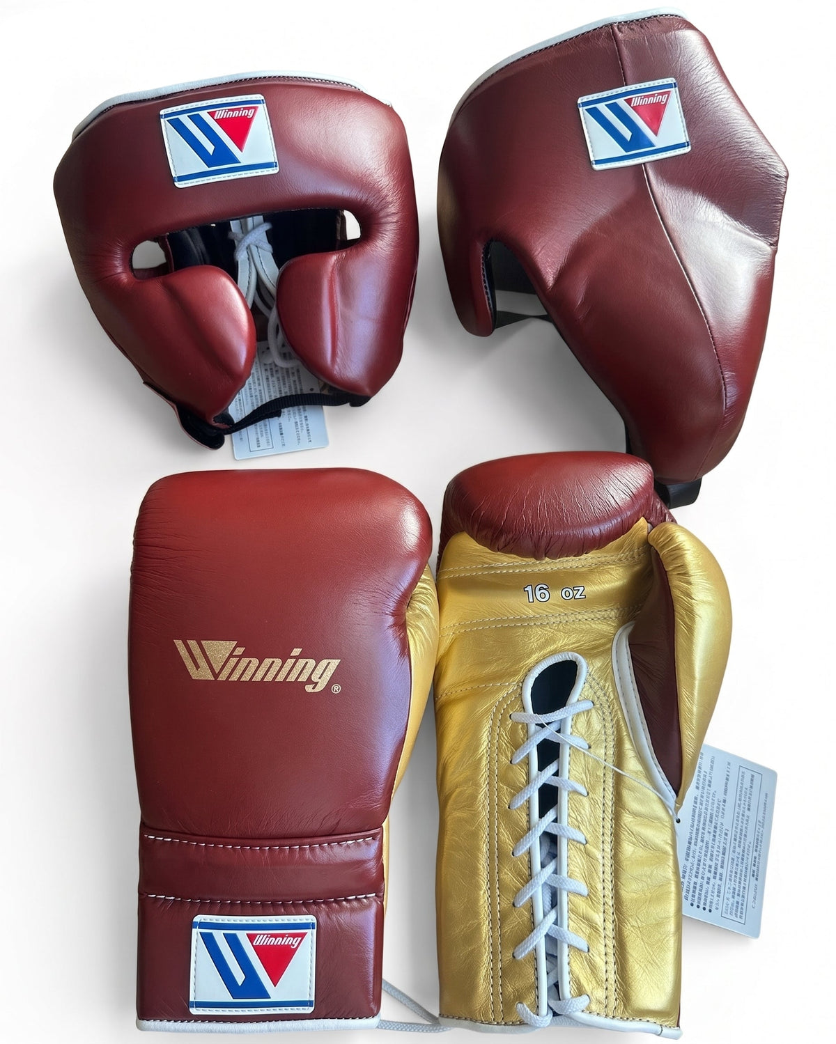 Winning burgundy boxing set with gold palm lace-up gloves, burgundy headgear and burgundy groin guard
