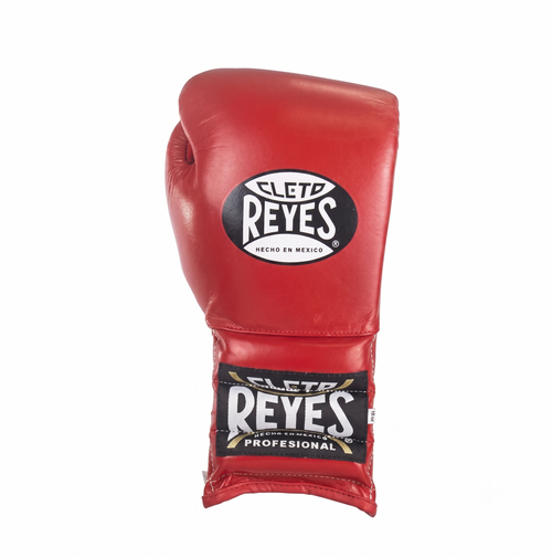 Single Cleto Reyes red leather boxing glove with brand logo on the back of the hand and cuff
