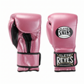 Pair of Cleto Reyes metallic pink boxing gloves with black hook-and-loop straps, front and side view