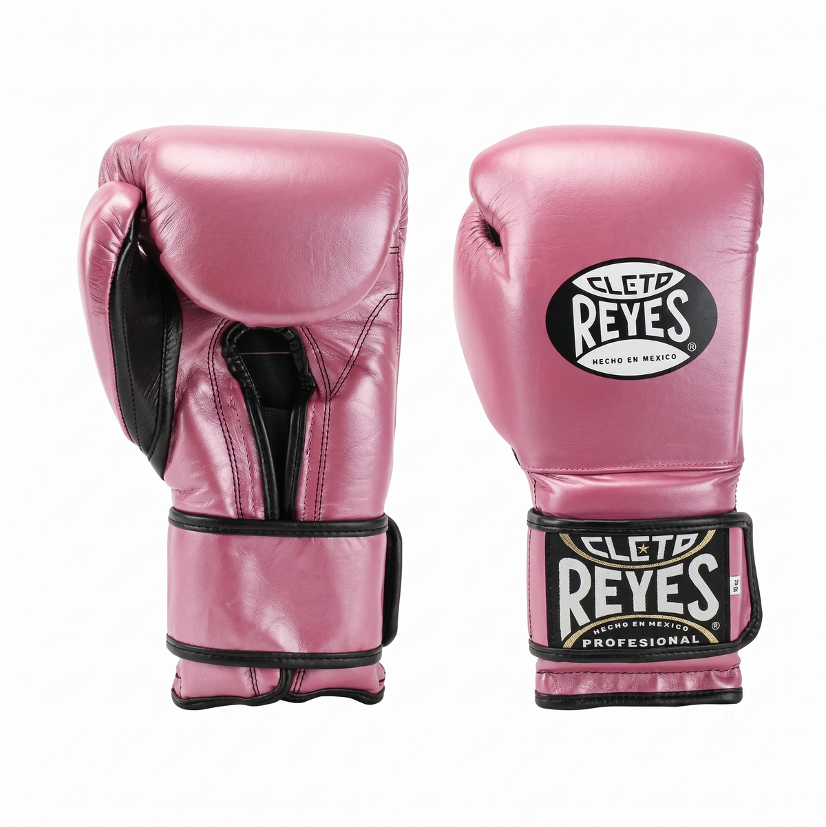 Pair of Cleto Reyes metallic pink boxing gloves with black hook-and-loop straps, front and side view