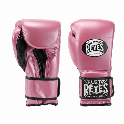 Pair of Cleto Reyes metallic pink boxing gloves with black hook-and-loop straps, front and side view