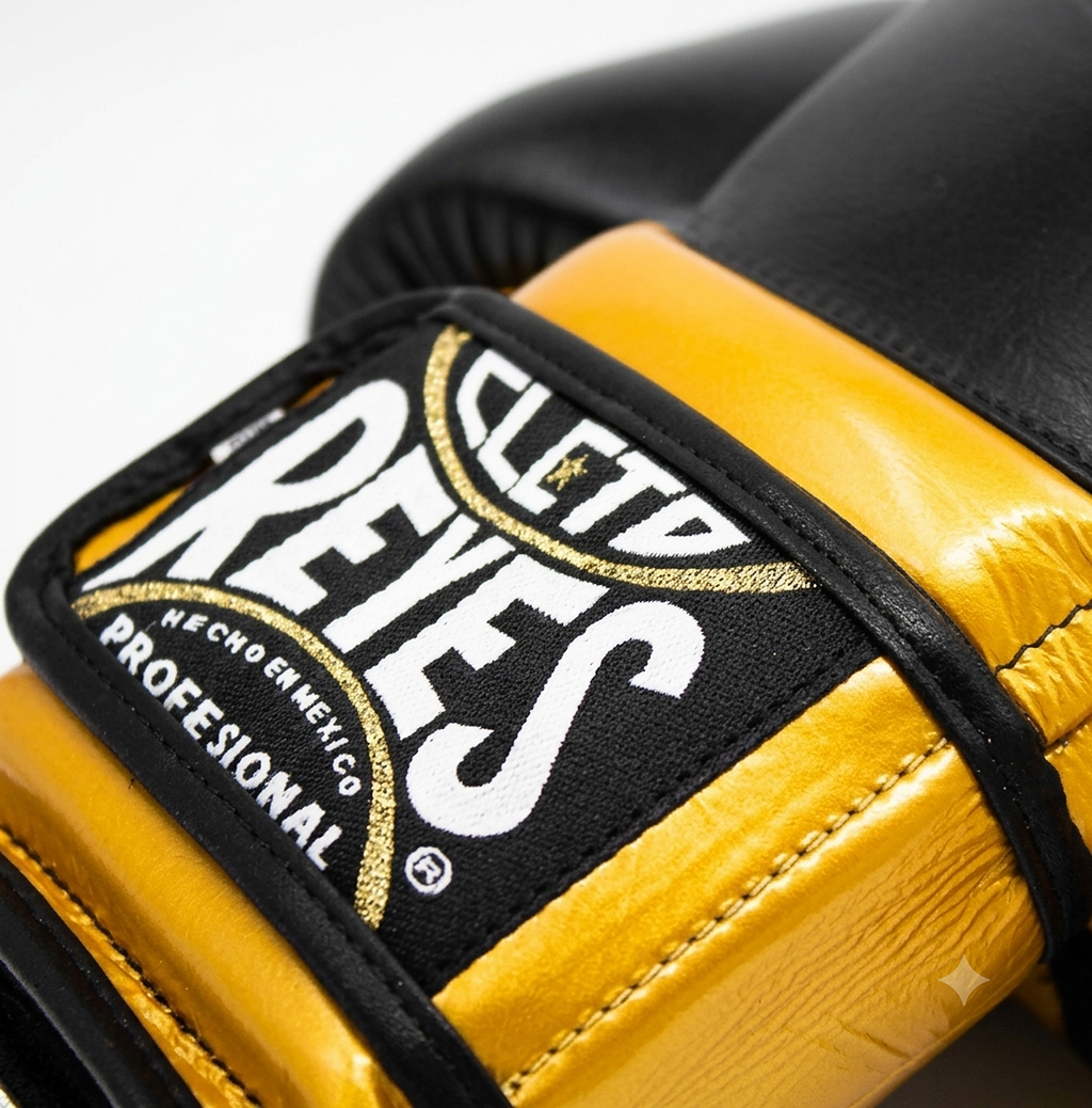 Close-up of a Cleto Reyes black and gold boxing glove showing the brand patch and leather texture