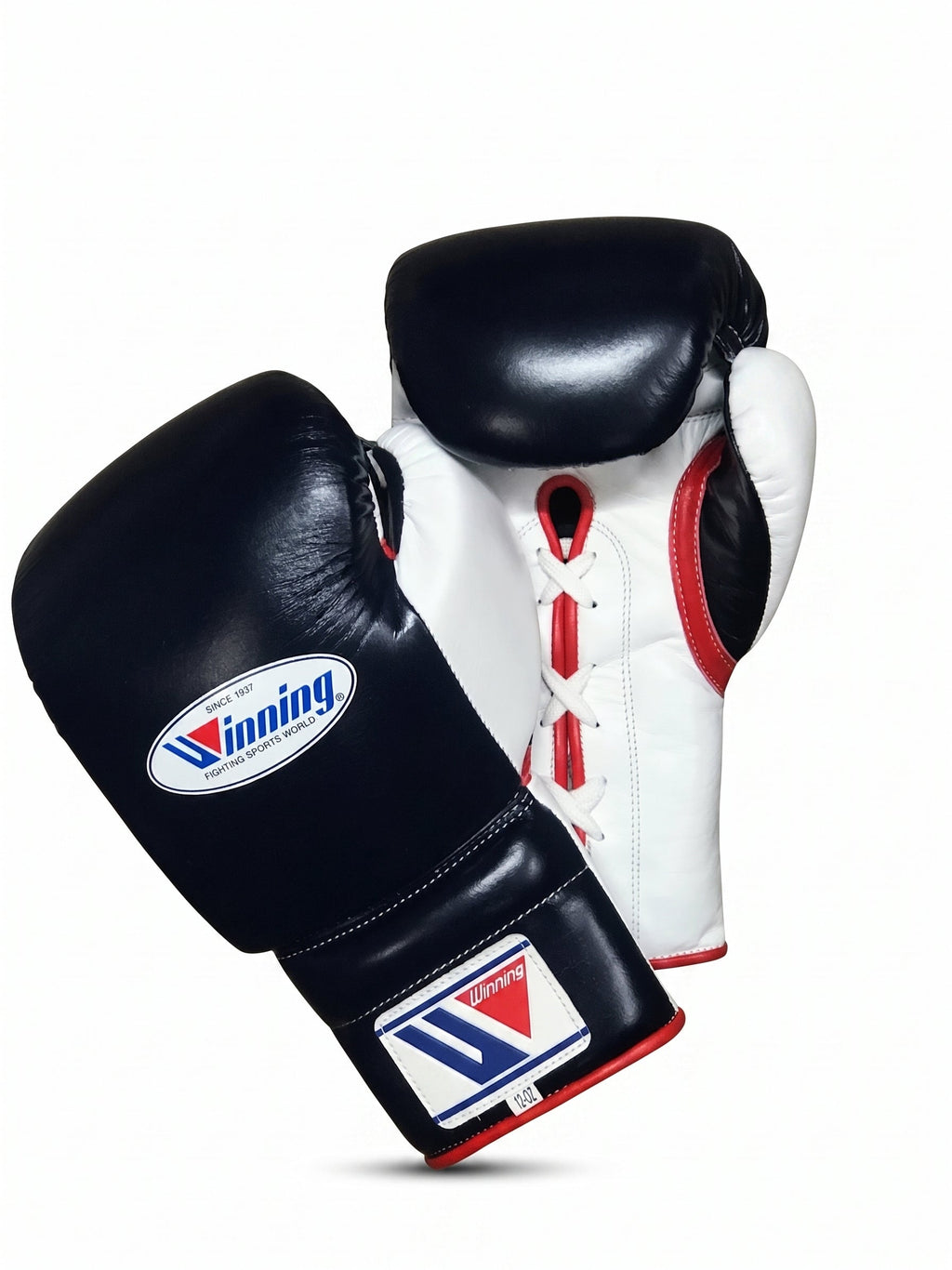Winning deep navy-black boxing gloves with thin red piping around the cuff, lace-up closure - side view