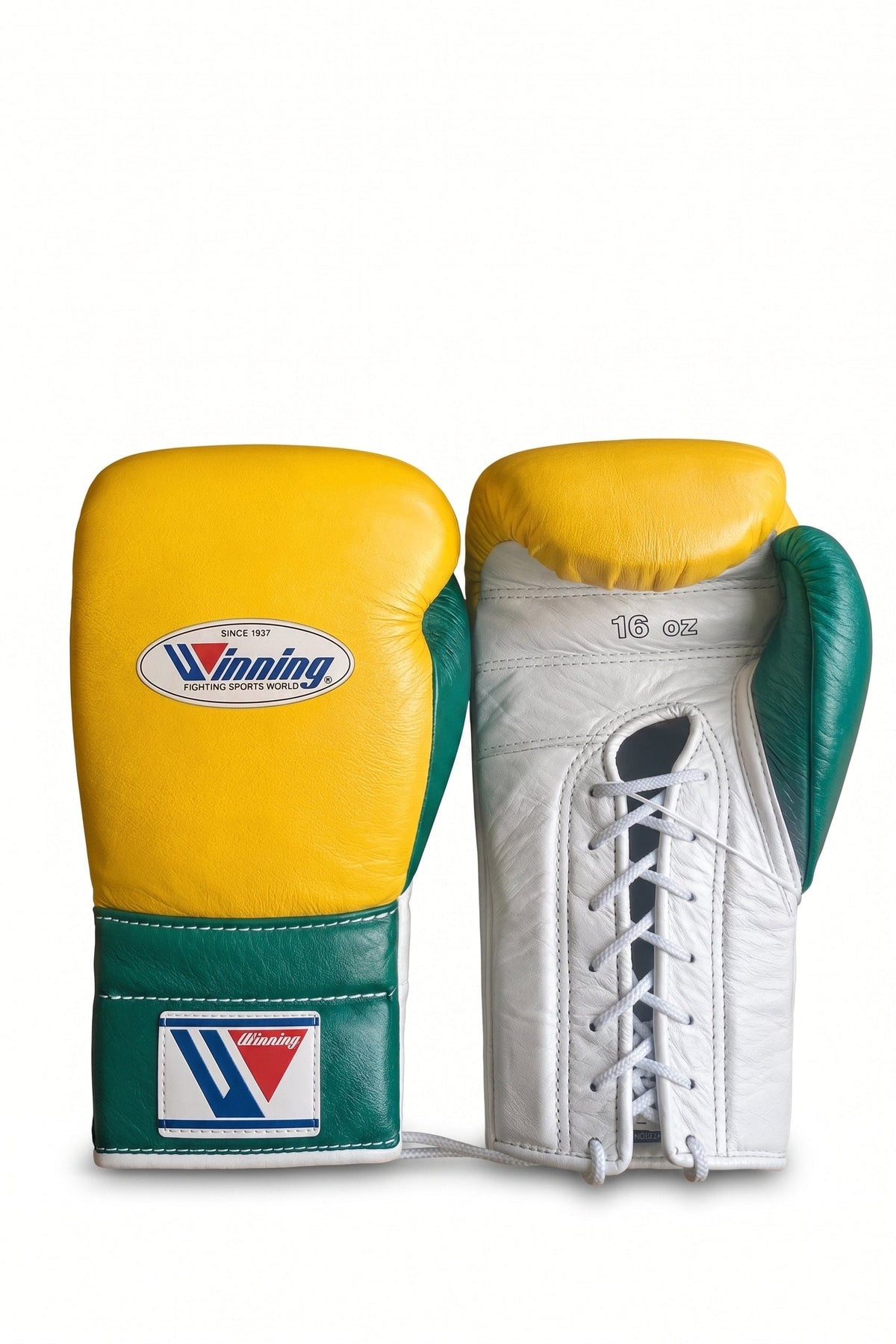 Winning lace-up boxing glove with bright yellow back, silver palm and green cuff in a three-color layout