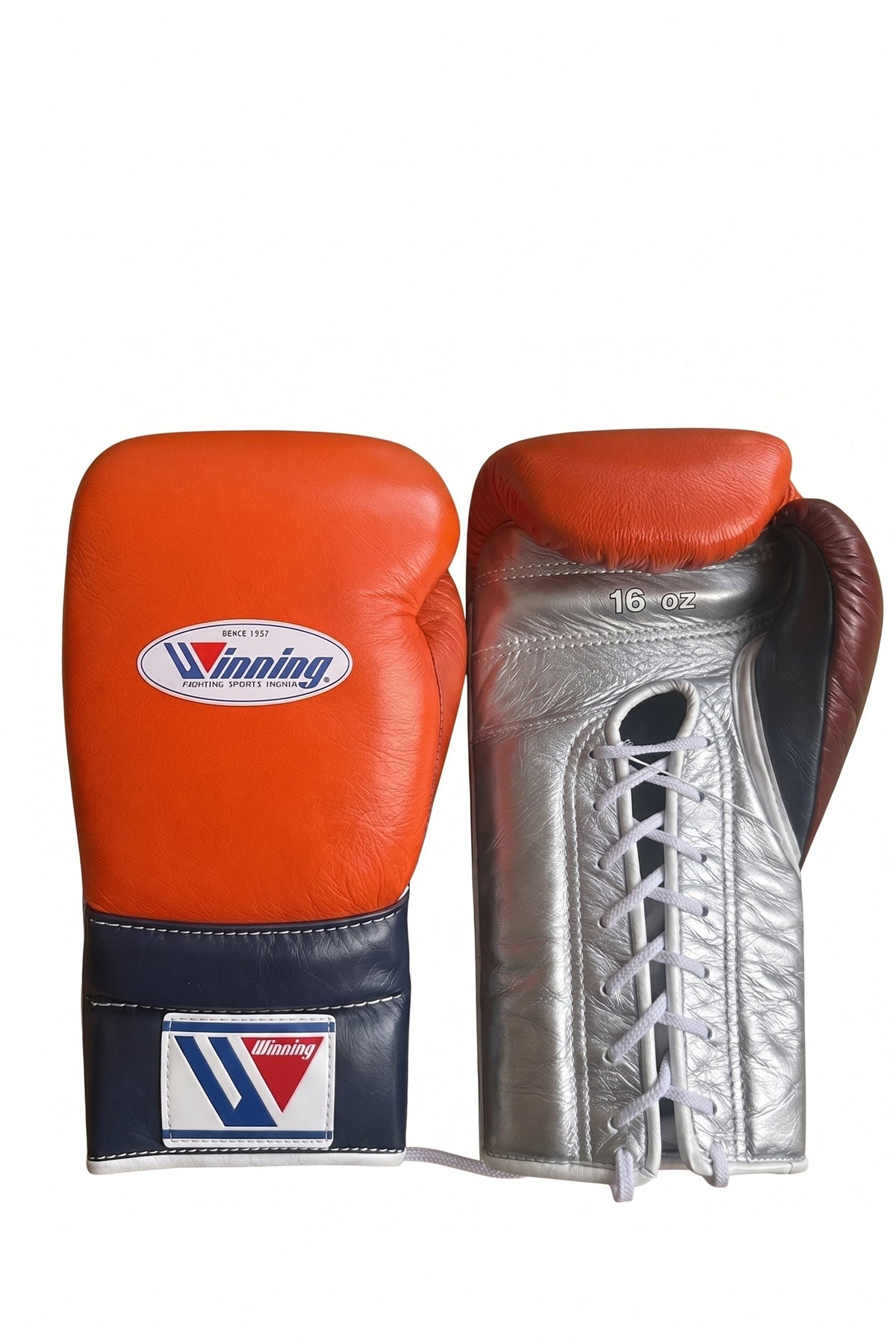 Winning lace-up boxing glove with orange back, silver palm and navy blue cuff in a bold sporty mix