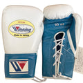 Winning lace-up boxing glove with white leather back and a teal blue palm and cuff, laced at the wrist