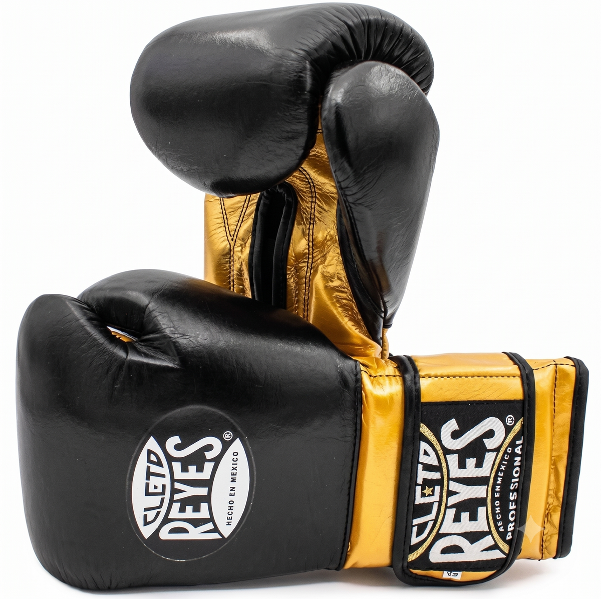 Cleto Reyes black and metallic gold leather boxing gloves seen from the side