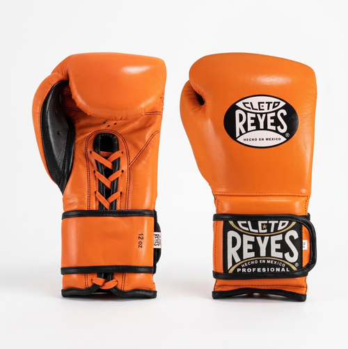 Cleto Reyes bright orange boxing gloves with black trim and black hook-and-loop strap, front and side