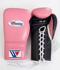 Winning pink boxing gloves with black palm and pink cuff, laced at the wrist