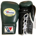 Winning dark forest green boxing gloves with black palm, laced at the wrist