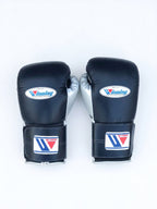 Winning MS-600 Velcro boxing glove with black back, silver palm and black hook-and-loop wrist strap - alternate angle