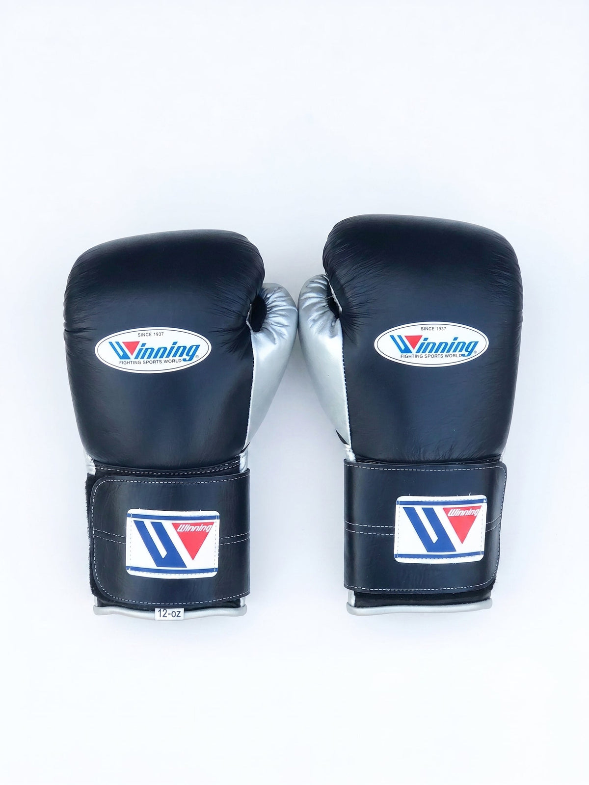 Winning MS-600 Velcro boxing glove with black back, silver palm and black hook-and-loop wrist strap - alternate angle