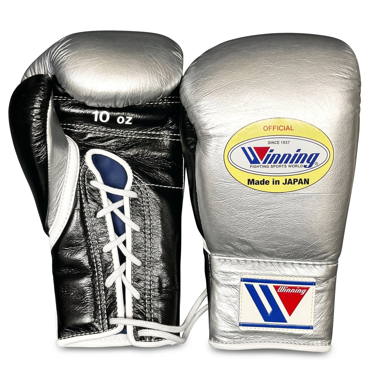 Winning chrome silver boxing gloves with a black palm and lace-up wrist, shiny mirror finish