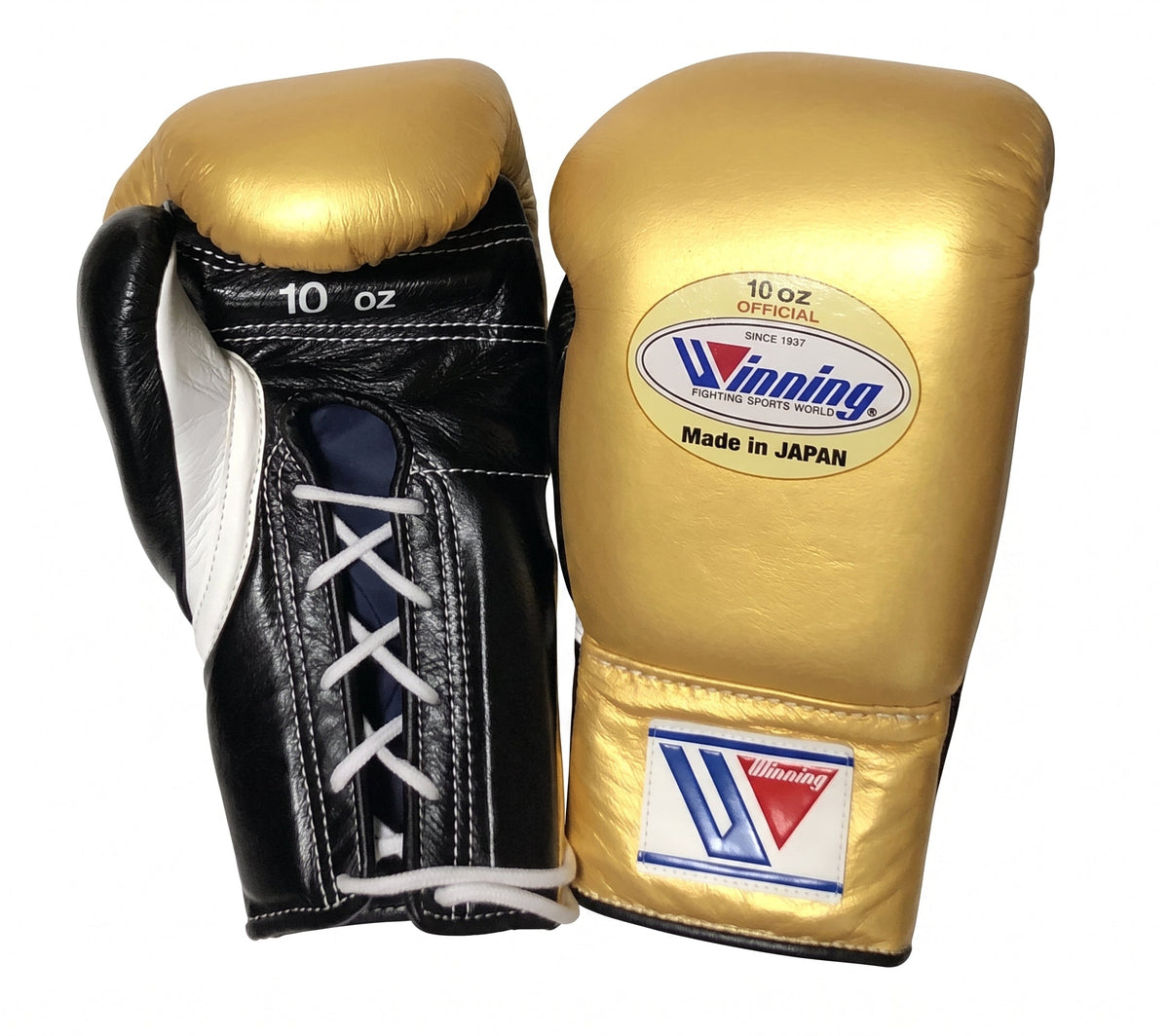 Winning metallic gold boxing gloves with black palm and white laces at the wrist