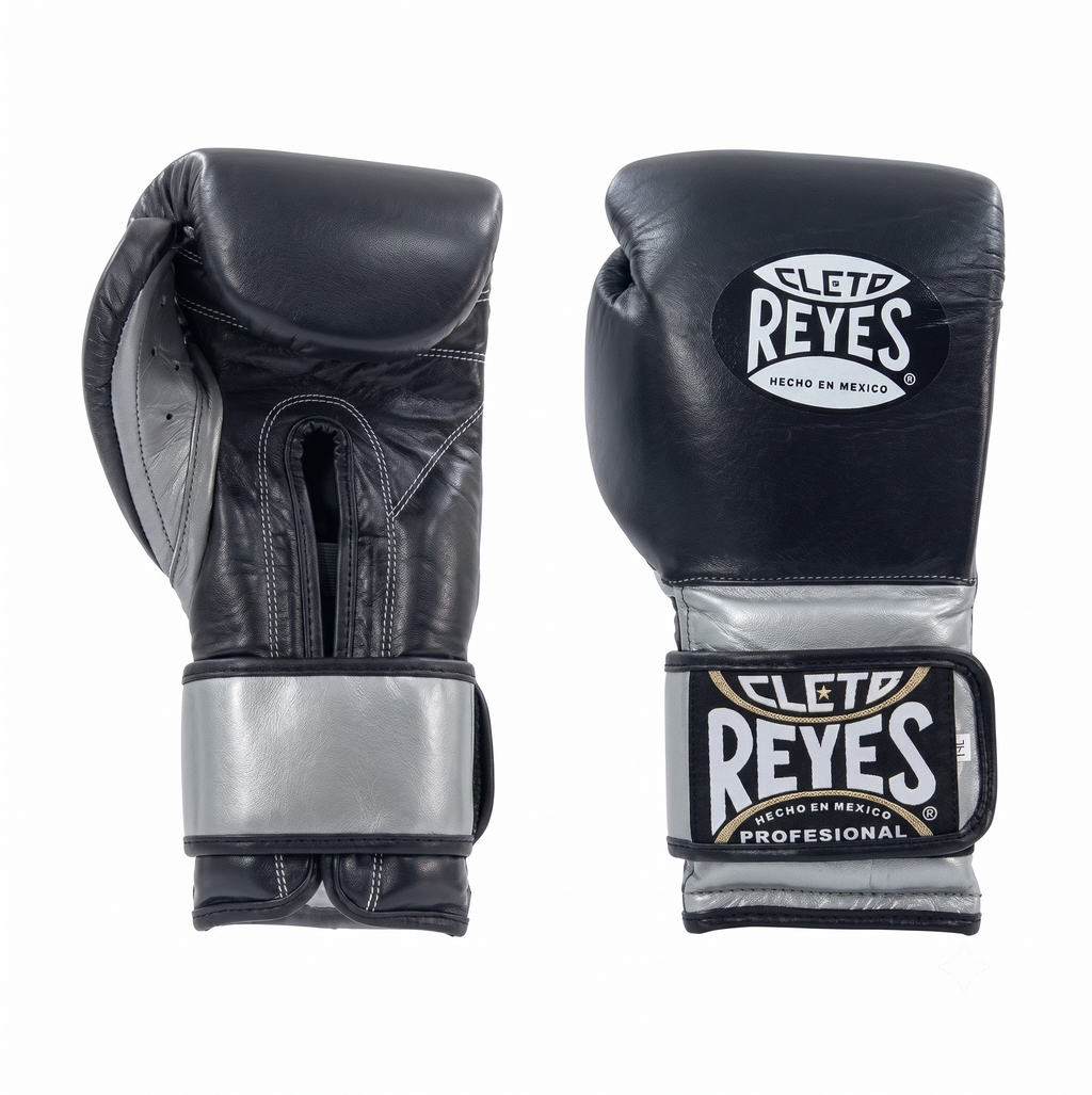 Pair of Cleto Reyes black and metallic silver boxing gloves, front and side view